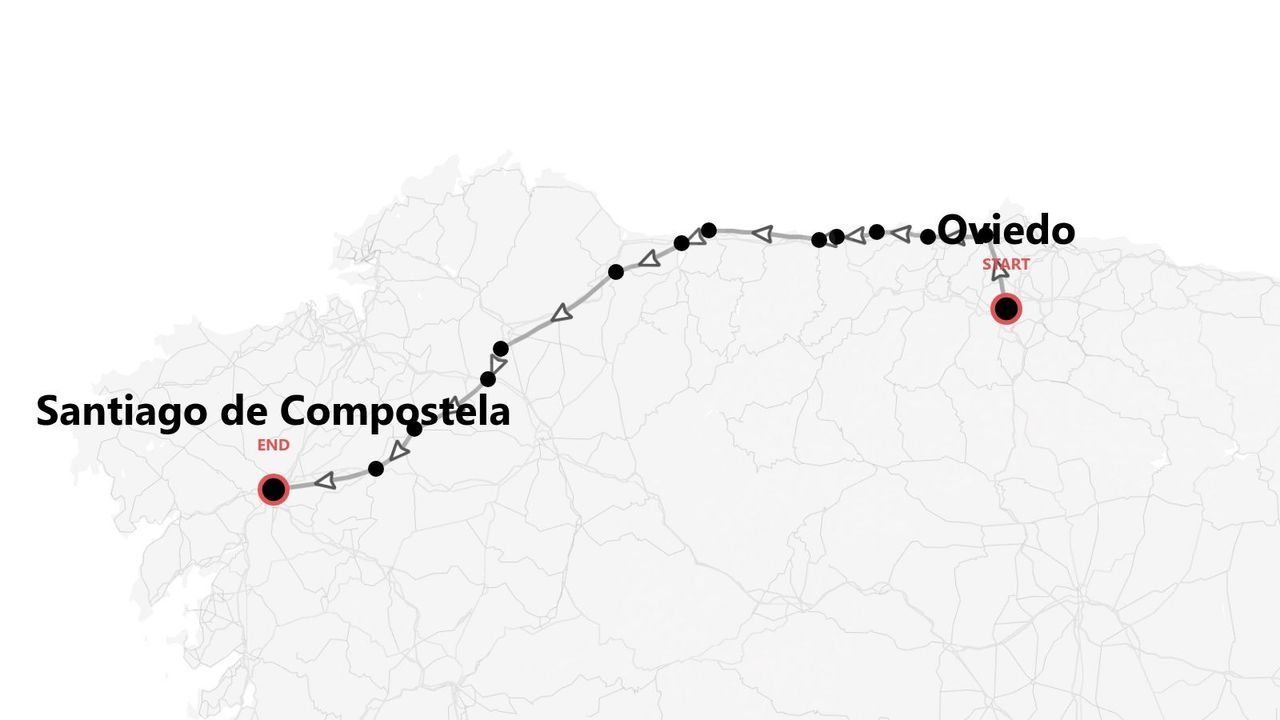 Mappa dell'itinerario di viaggio da Oviedo a Santiago de Compostela.