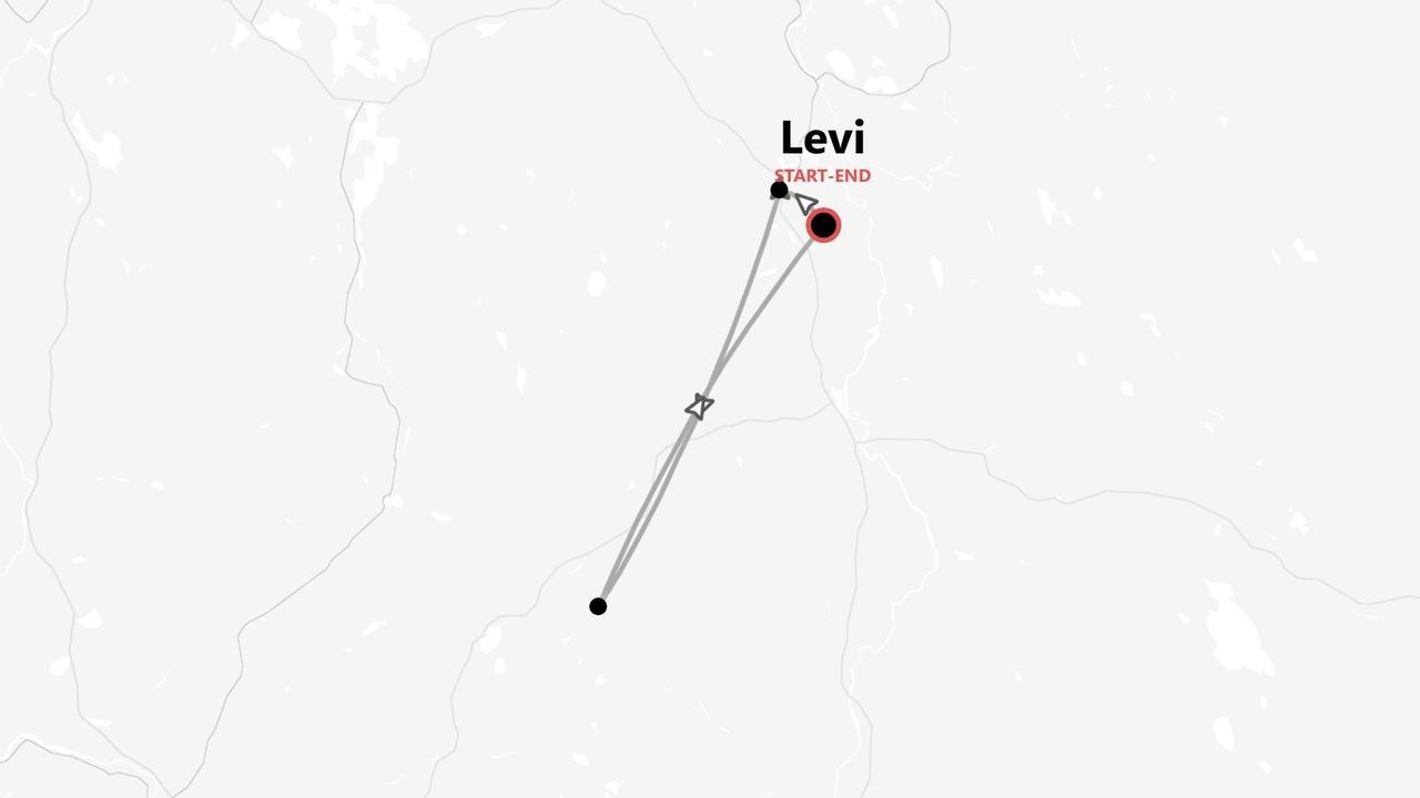 Mappa minimalista di un itinerario di viaggio con partenza e arrivo a Levi.