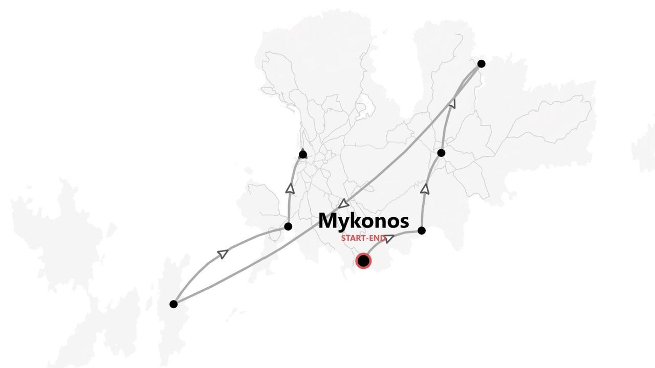 Mappa di un itinerario di viaggio con partenza e arrivo a Mykonos.