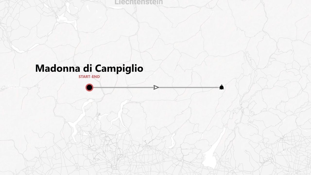 Mappa minimalista che indica un itinerario di viaggio con partenza e arrivo a Madonna di Campiglio e una linea che segna il percorso.