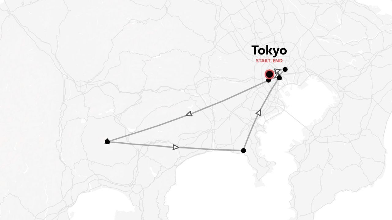 Una mappa minimalista che mostra un itinerario di viaggio con partenza e arrivo a Tokyo, Giappone.