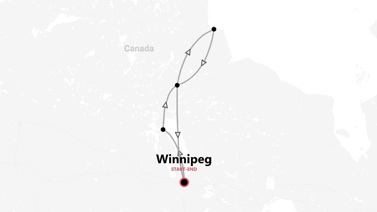 Mappa di un itinerario di viaggio in Canada, con inizio e fine a Winnipeg, rappresentato come un percorso circolare con frecce direzionali.