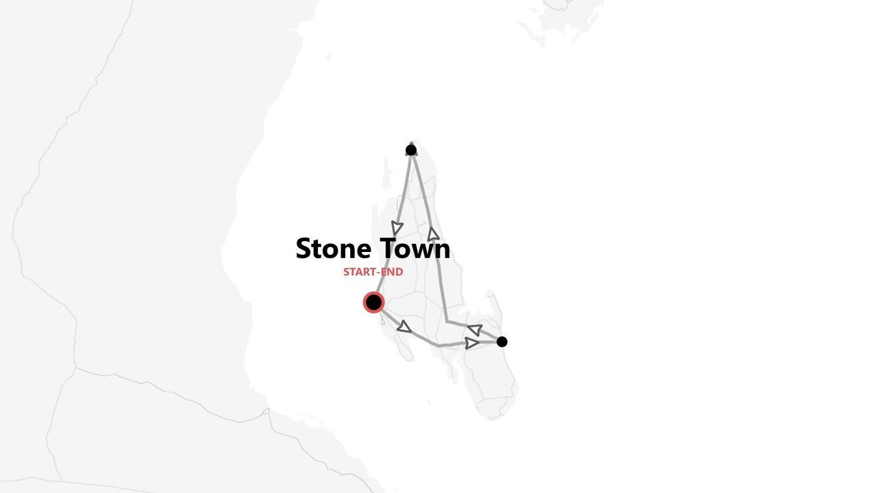 Mappa minimalista di un itinerario di viaggio intorno a un'isola, con partenza e arrivo a Stone Town.