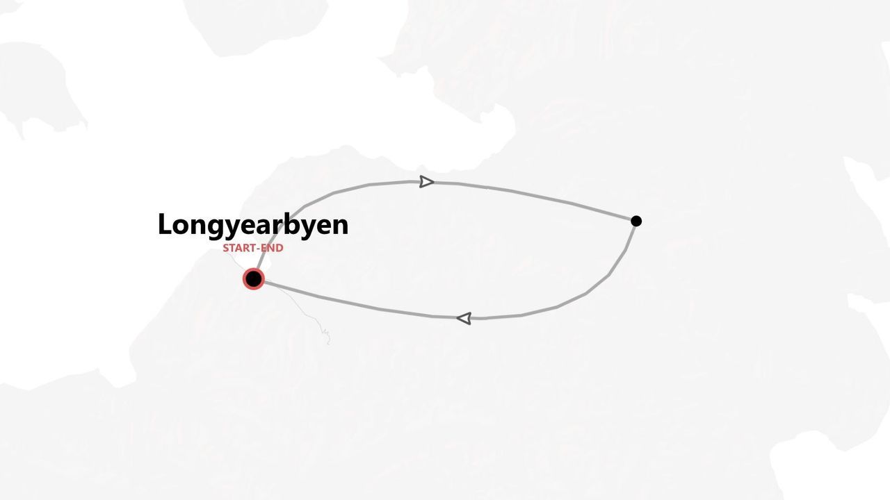 Una mappa stilizzata che mostra un itinerario di viaggio ad anello che inizia e finisce a Longyearbyen, contrassegnato da una spilla rossa.