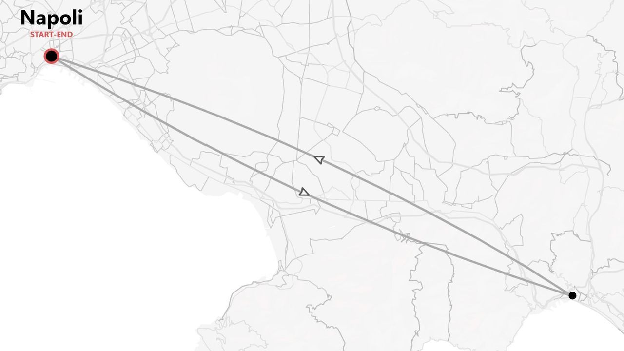 Mappa stilizzata di un itinerario di viaggio con partenza e arrivo a Napoli.