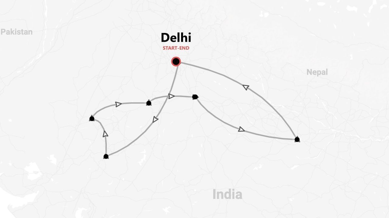 Mappa di un itinerario di viaggio in India, con Delhi come punto di partenza e arrivo del percorso ad anello.