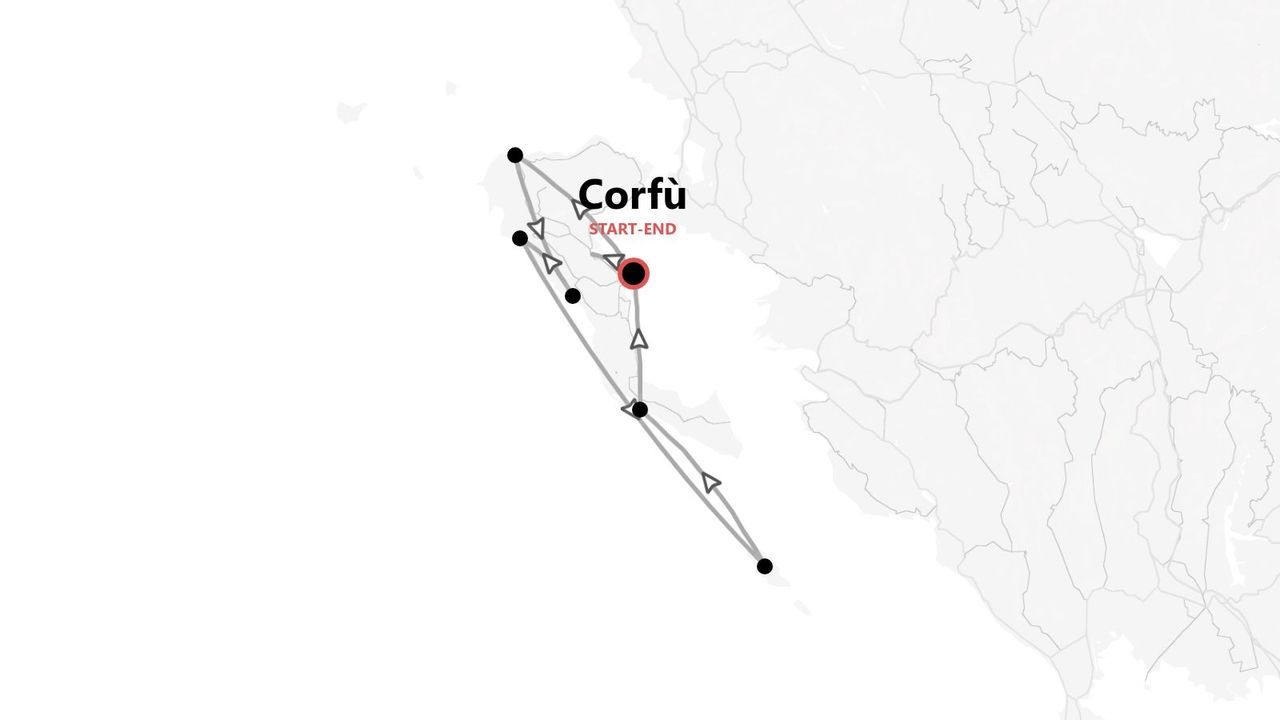 Una mappa che mostra un itinerario di viaggio intorno all'isola di Corfù, con un punto di partenza e di arrivo contrassegnati.