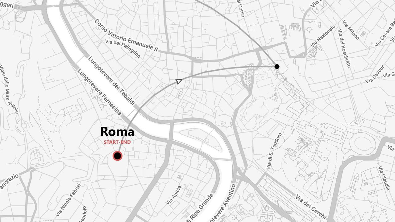 Mappa in scala di grigi di Roma, Italia, con itinerario di viaggio e punti di partenza e arrivo indicati.