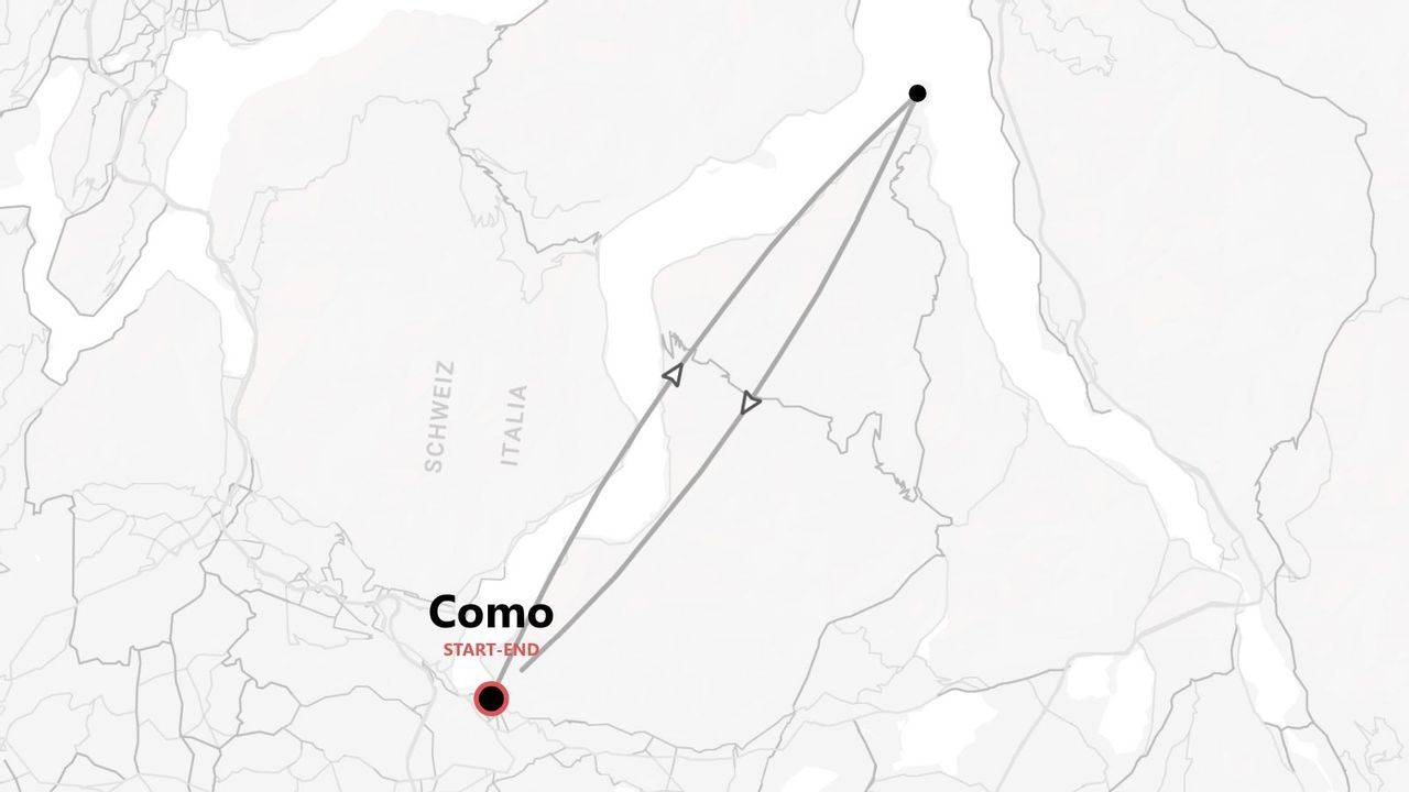 Una mappa che mostra un itinerario di viaggio con partenza e arrivo a Como, Italia, con il percorso che si estende a nord vicino al confine con la Svizzera.