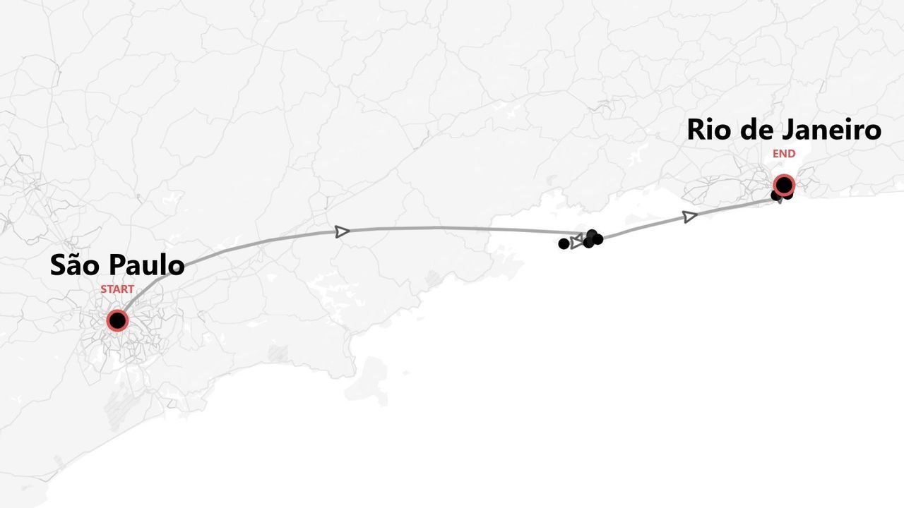 Una mappa che mostra un itinerario di viaggio da San Paolo, punto di partenza, a Rio de Janeiro, punto di arrivo.