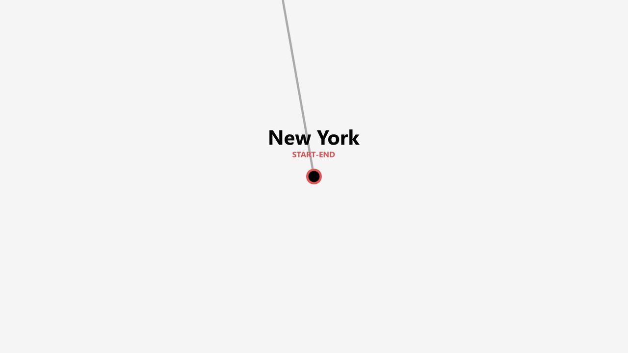 Una mappa minimalista con una puntina su New York, indicata come punto di partenza e arrivo di un itinerario.