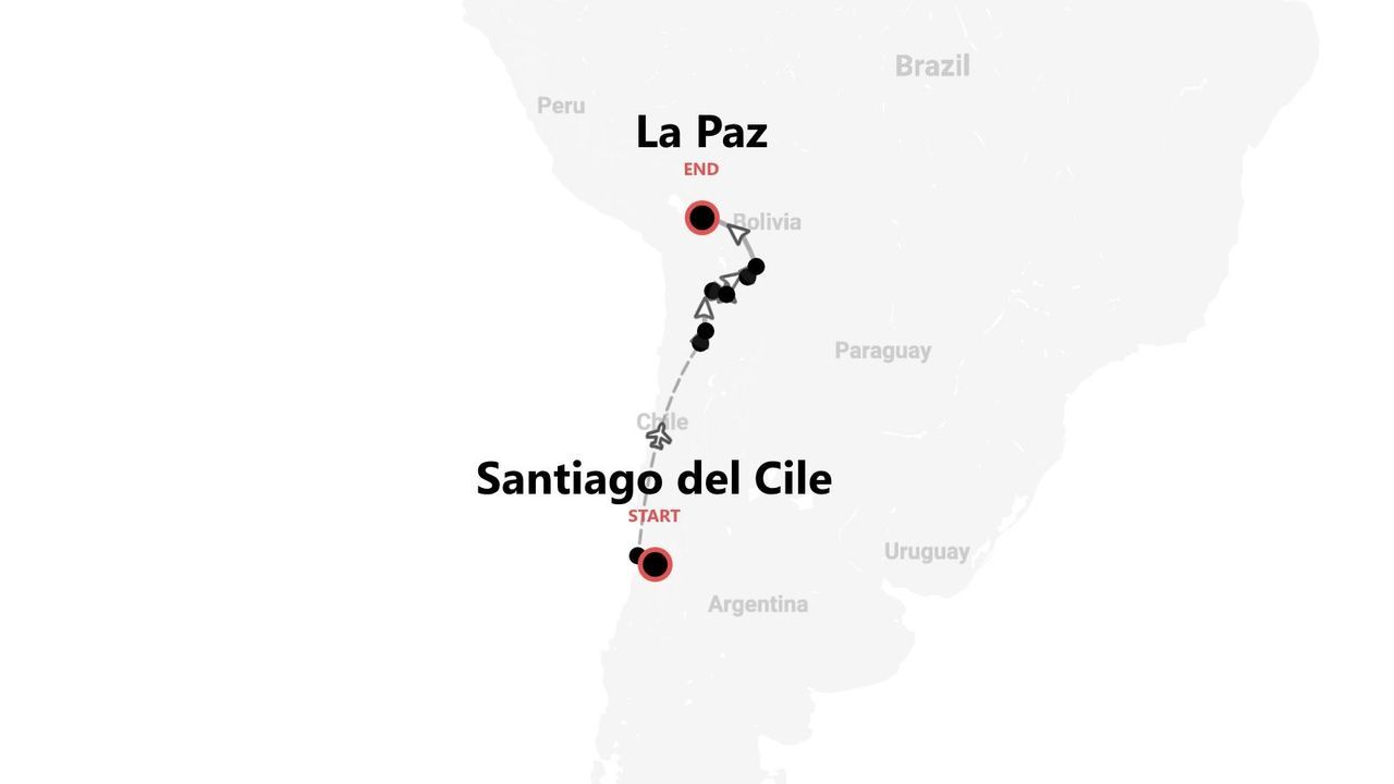 Una mappa che mostra un itinerario di viaggio in Sud America, partendo da Santiago del Cile e terminando a La Paz, Bolivia.