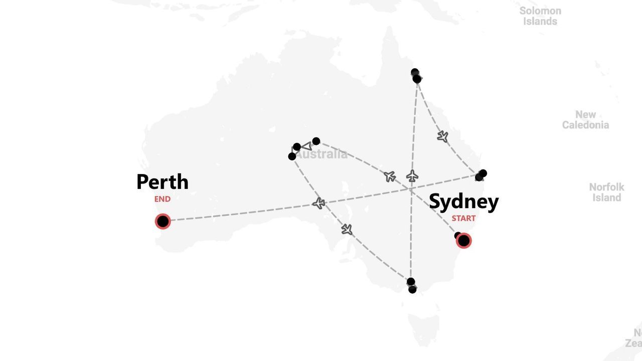 Mappa dell'Australia: itinerario di viaggio da Sydney a Perth con voli che collegano più località.
