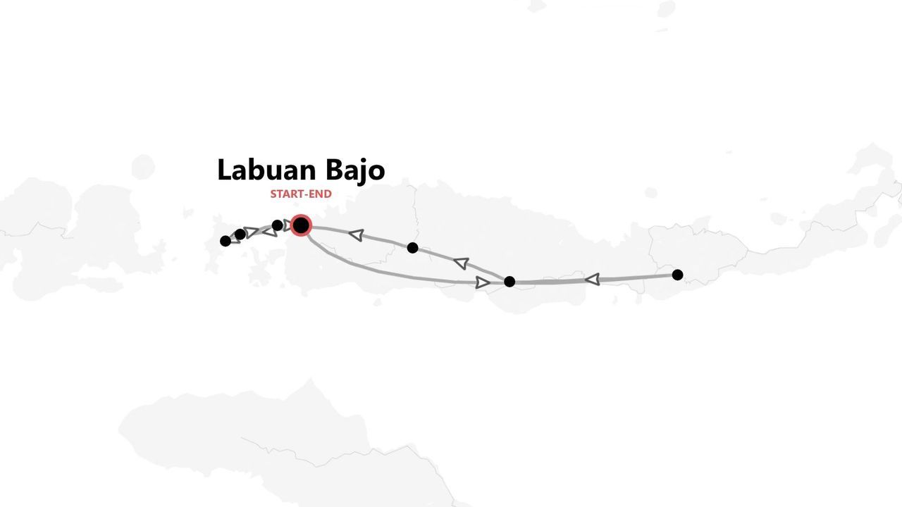 Una mappa stilizzata che mostra un itinerario di viaggio con diverse tappe, con inizio e fine a Labuan Bajo.
