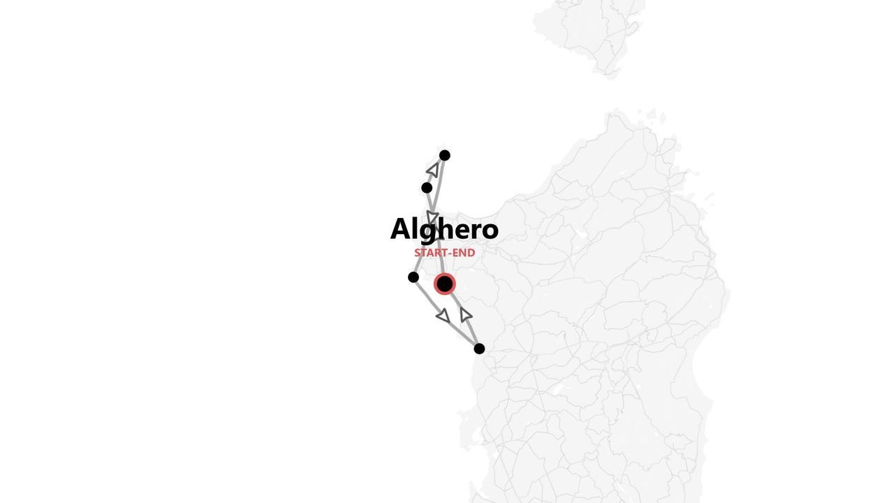 Mappa minimalista che mostra un itinerario di viaggio lungo la costa della Sardegna, con Alghero come punto di partenza e arrivo.