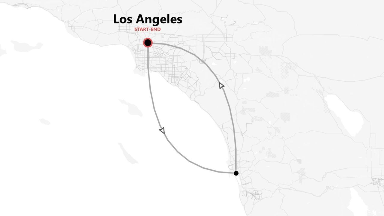 Una mappa minimalista che mostra un percorso di viaggio circolare che inizia e finisce a Los Angeles.