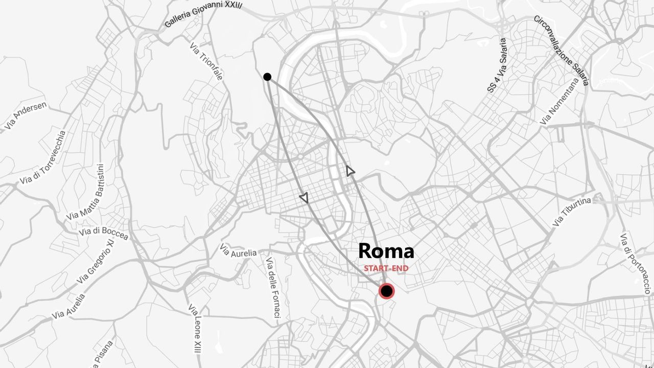 Mappa in scala di grigi di Roma, Italia, con un itinerario di viaggio proposto e punti di inizio e fine nel centro della città.