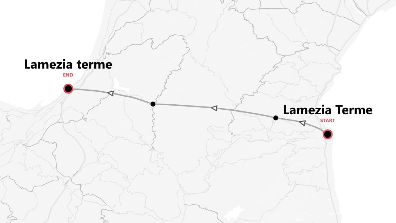 Mappa di un percorso di viaggio con partenza e arrivo a Lamezia Terme, segnalato da tappe.