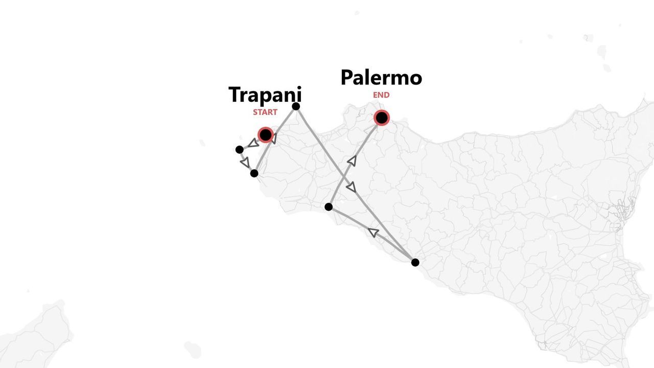 Una mappa della Sicilia che mostra un itinerario di viaggio con partenza da Trapani e arrivo a Palermo, con percorso e tappe indicate.
