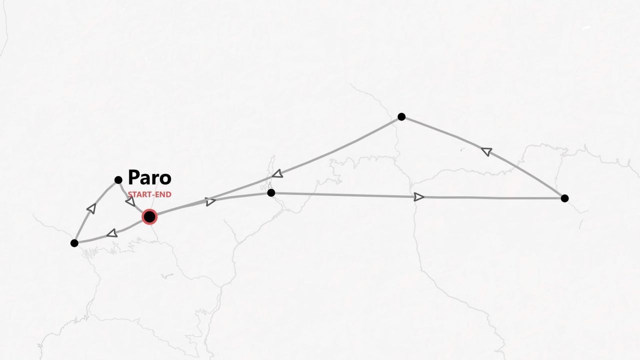 Mappa di un itinerario di viaggio con tappe multiple, con partenza e arrivo nella città di Paro.