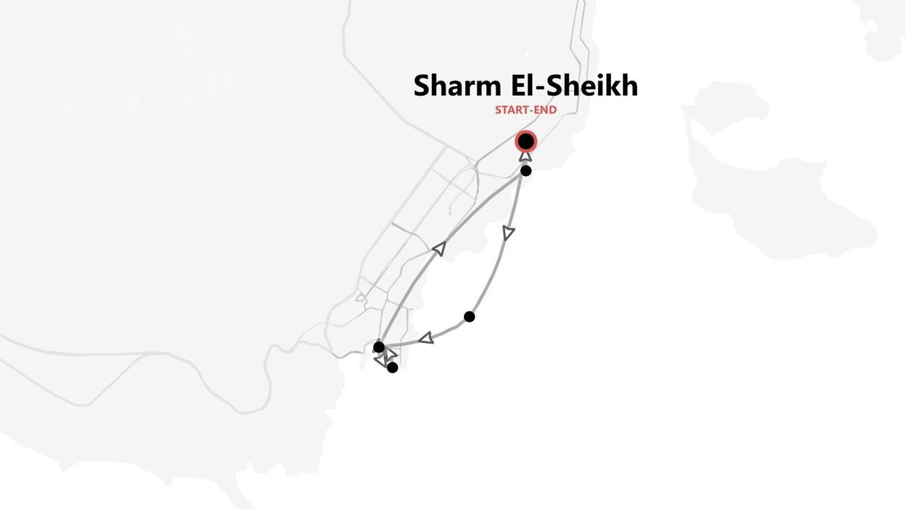Mappa di un itinerario di viaggio circolare con più tappe, con partenza e arrivo a Sharm El-Sheikh.