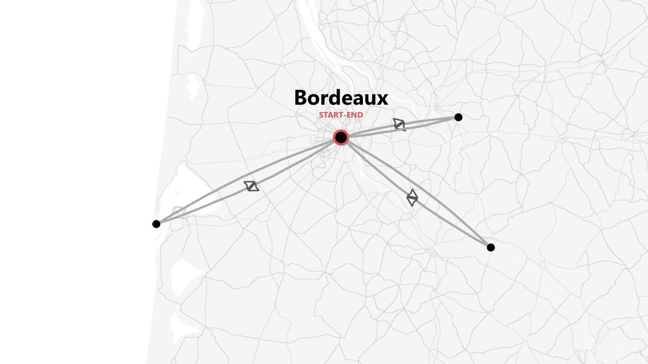 Una mappa in scala di grigi che illustra un itinerario di viaggio con Bordeaux come punto di partenza e arrivo, collegando altre tre località.