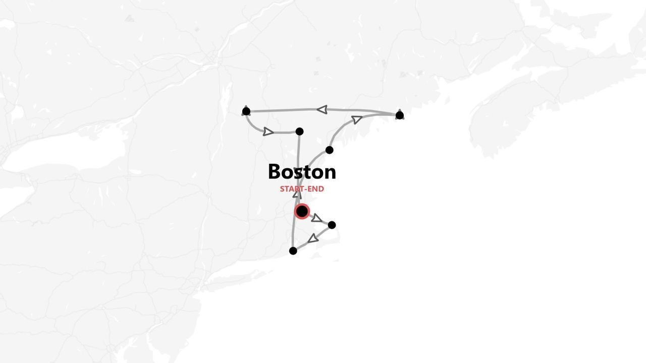 Una mappa stilizzata che mostra un itinerario di viaggio attraverso gli Stati Uniti nord-orientali, con un percorso che inizia e finisce a Boston.