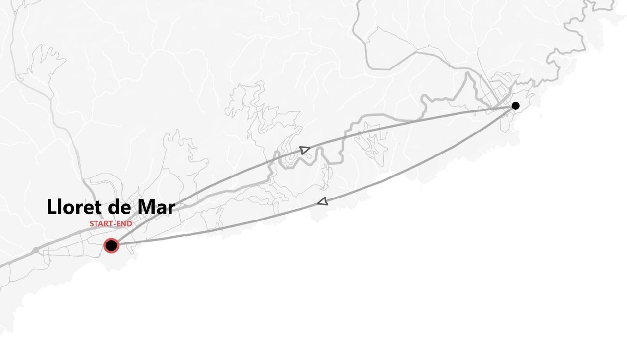 Una mappa minimalista di un itinerario di viaggio con il punto di partenza e di arrivo segnato a Lloret de Mar.