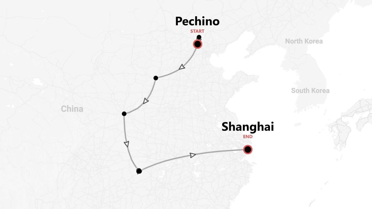 Una mappa che illustra un itinerario di viaggio attraverso la Cina, con partenza da Pechino e arrivo a Shanghai.
