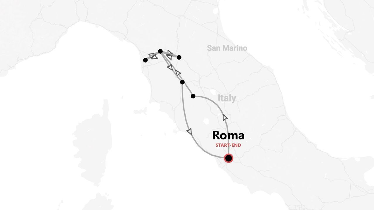 Mappa dell'Italia con itinerario di viaggio che parte e arriva a Roma, attraversando la regione centrale.
