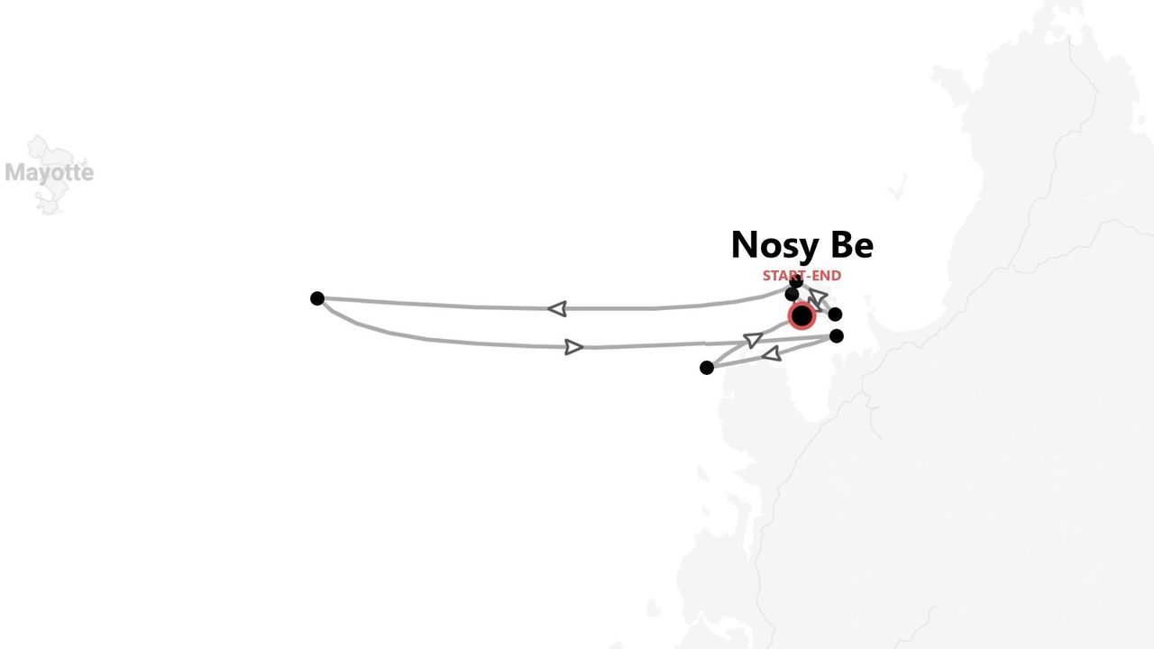 Una mappa che mostra un itinerario di viaggio che inizia e finisce a Nosy Be, con l'isola di Mayotte visibile a ovest.