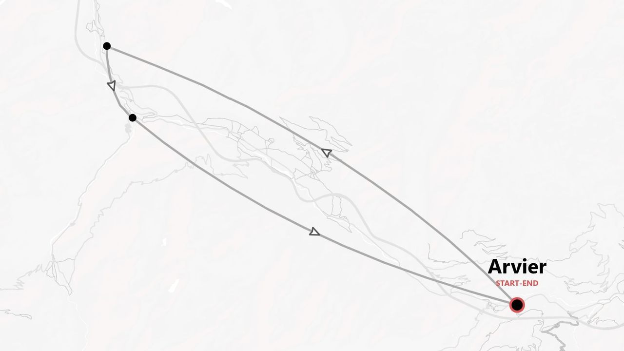 Mappa di un itinerario di viaggio che mostra un percorso circolare con inizio e fine ad Arvier.