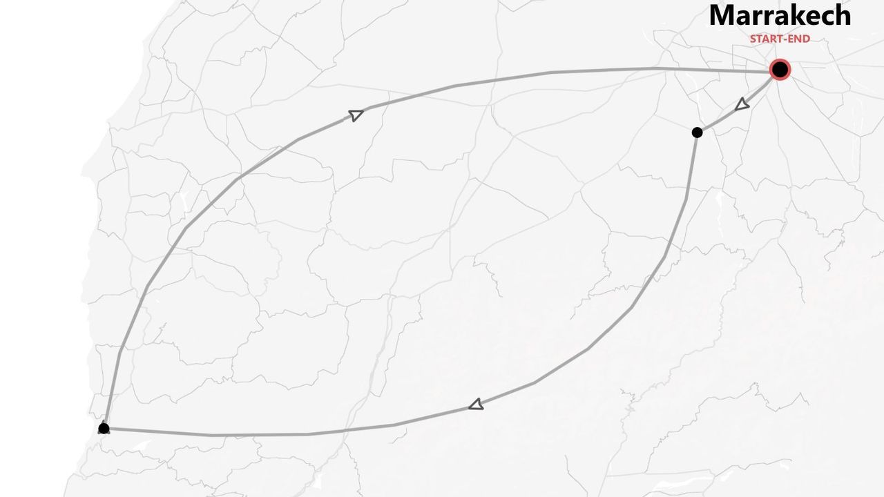 Una mappa di un itinerario di viaggio ad anello con partenza e arrivo a Marrakech, Marocco.