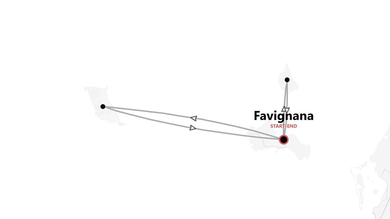 Una mappa minimalista che mostra un itinerario di viaggio per Favignana, con linee che collegano vari punti e un luogo di inizio e fine designato.