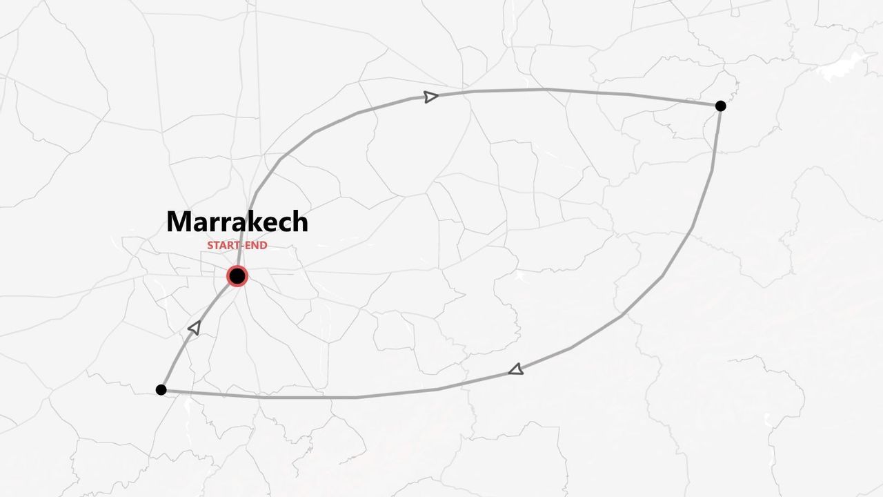 Una mappa che mostra un itinerario di viaggio con partenza e arrivo a Marrakech, con diverse tappe lungo un percorso ad anello.
