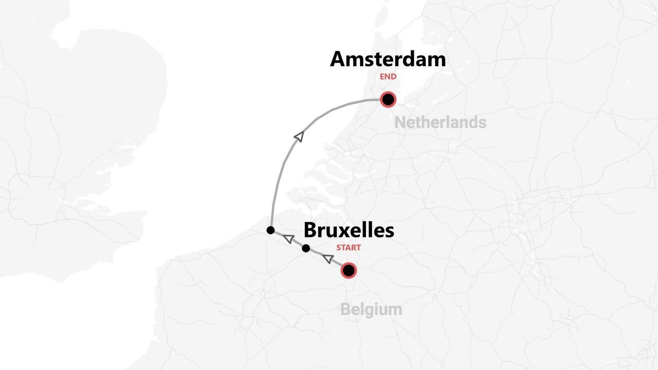 Una mappa che mostra l'itinerario di viaggio da Bruxelles in Belgio ad Amsterdam nei Paesi Bassi.