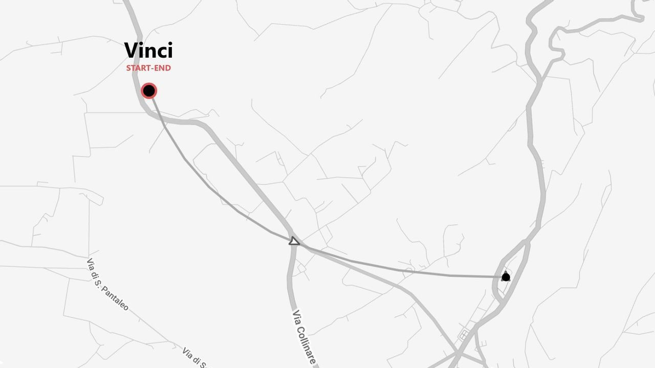 Una mappa essenziale che mostra un itinerario con inizio e fine a Vinci.