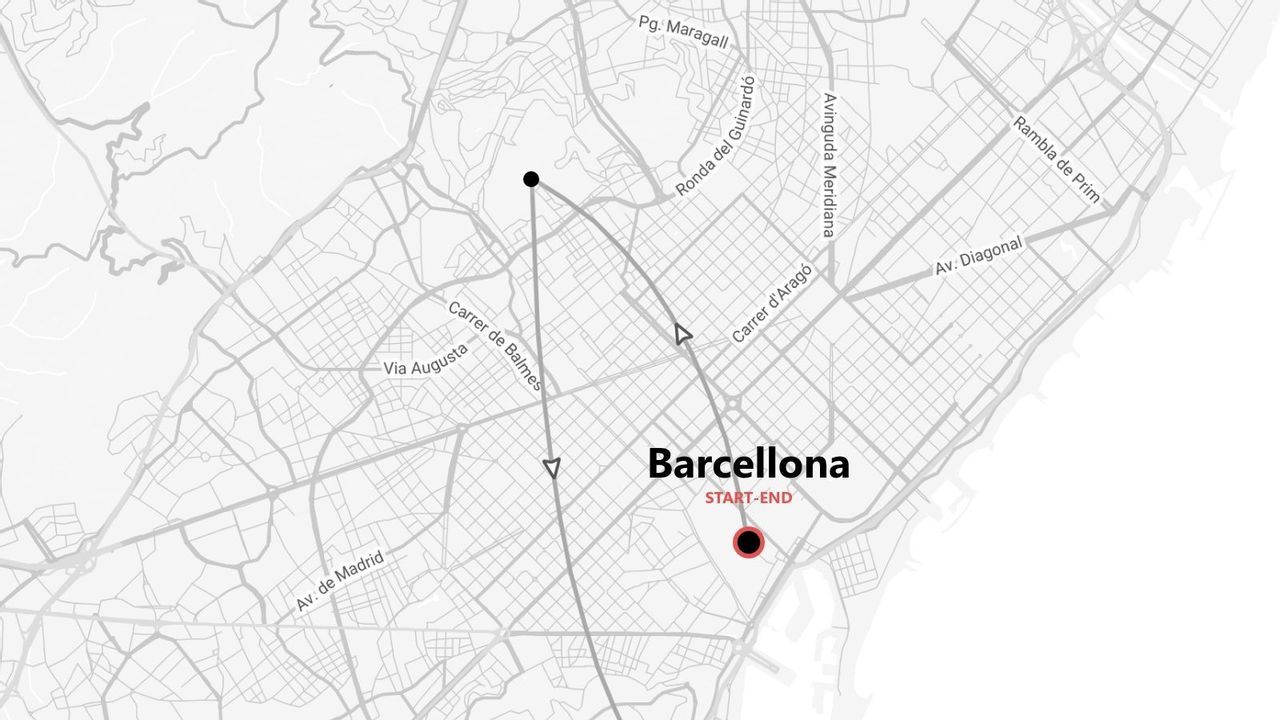 Mappa di Barcellona, Spagna, in scala di grigi, con itinerario di viaggio e punti di inizio e fine.