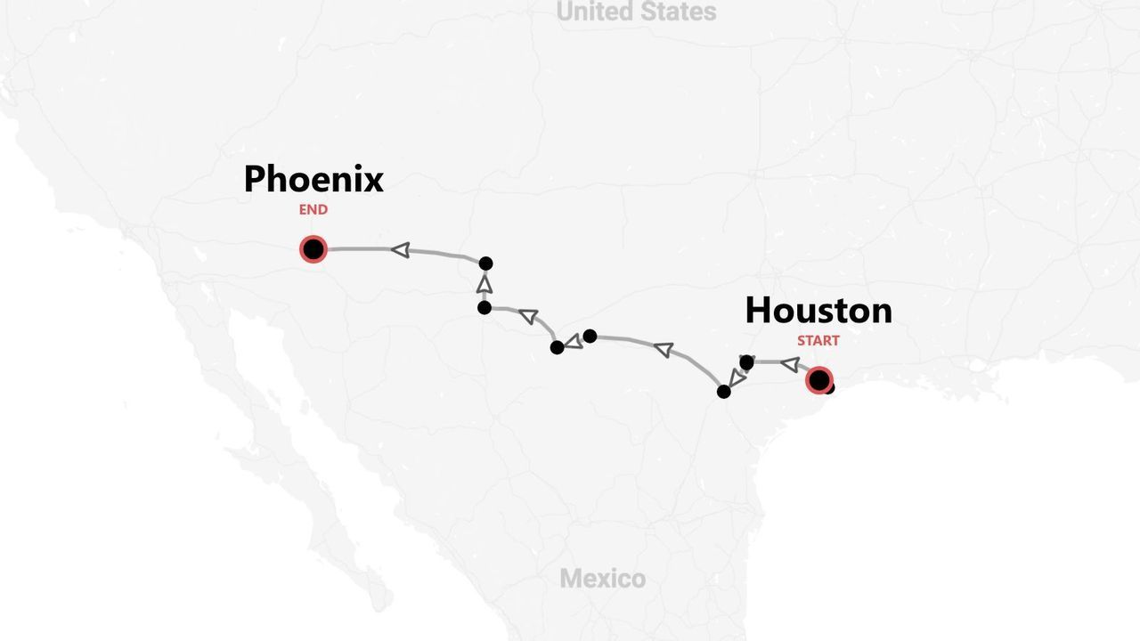 Mappa di un itinerario di viaggio negli Stati Uniti, da Houston a Phoenix.