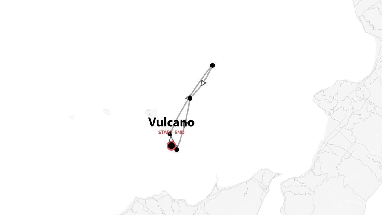 Una mappa minimalista con un itinerario di viaggio che inizia e finisce a Vulcano, evidenziato da un vistoso cerchio rosso.