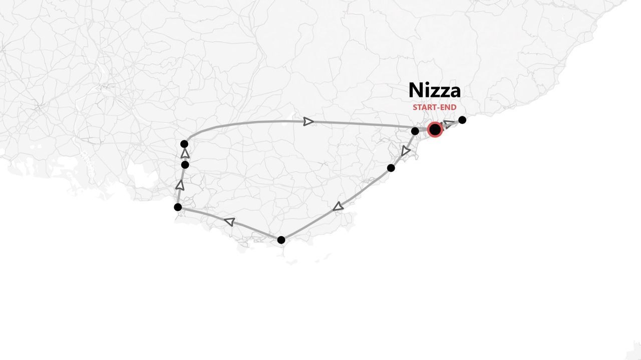 Mappa di un itinerario turistico circolare con partenza e arrivo a Nizza.