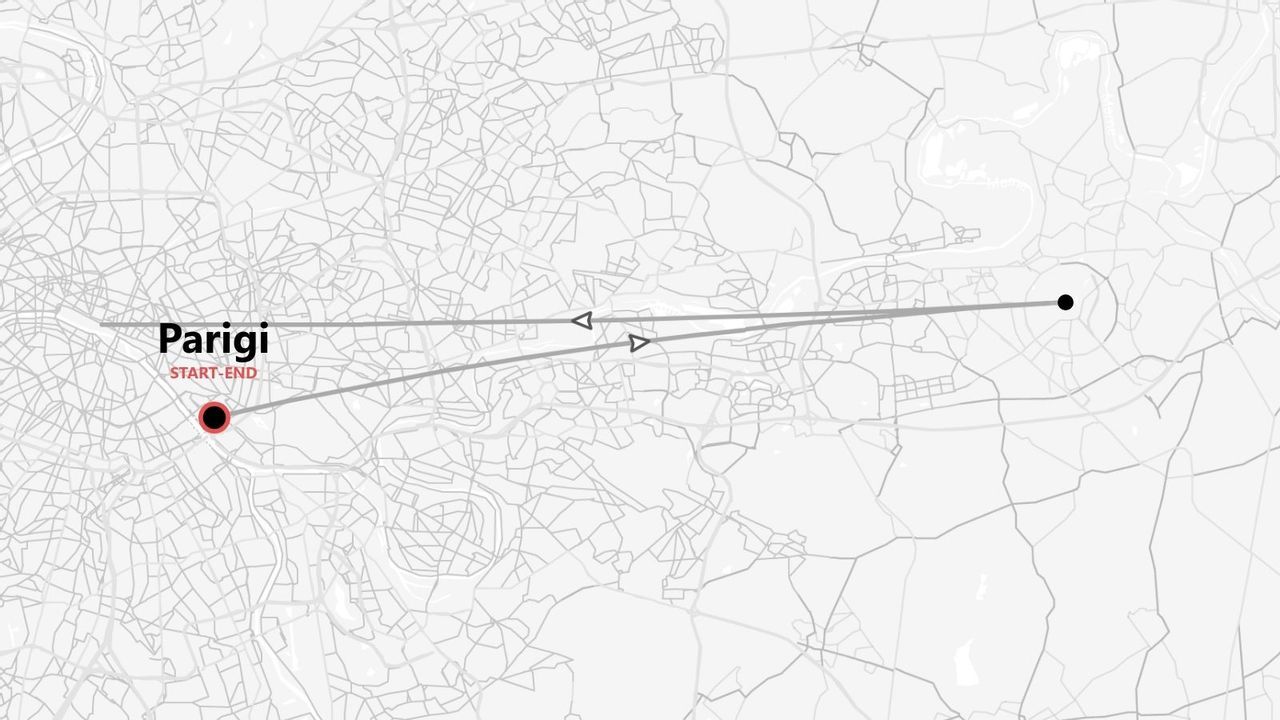 Mappa in scala di grigi di un itinerario circolare con partenza e arrivo a Parigi.