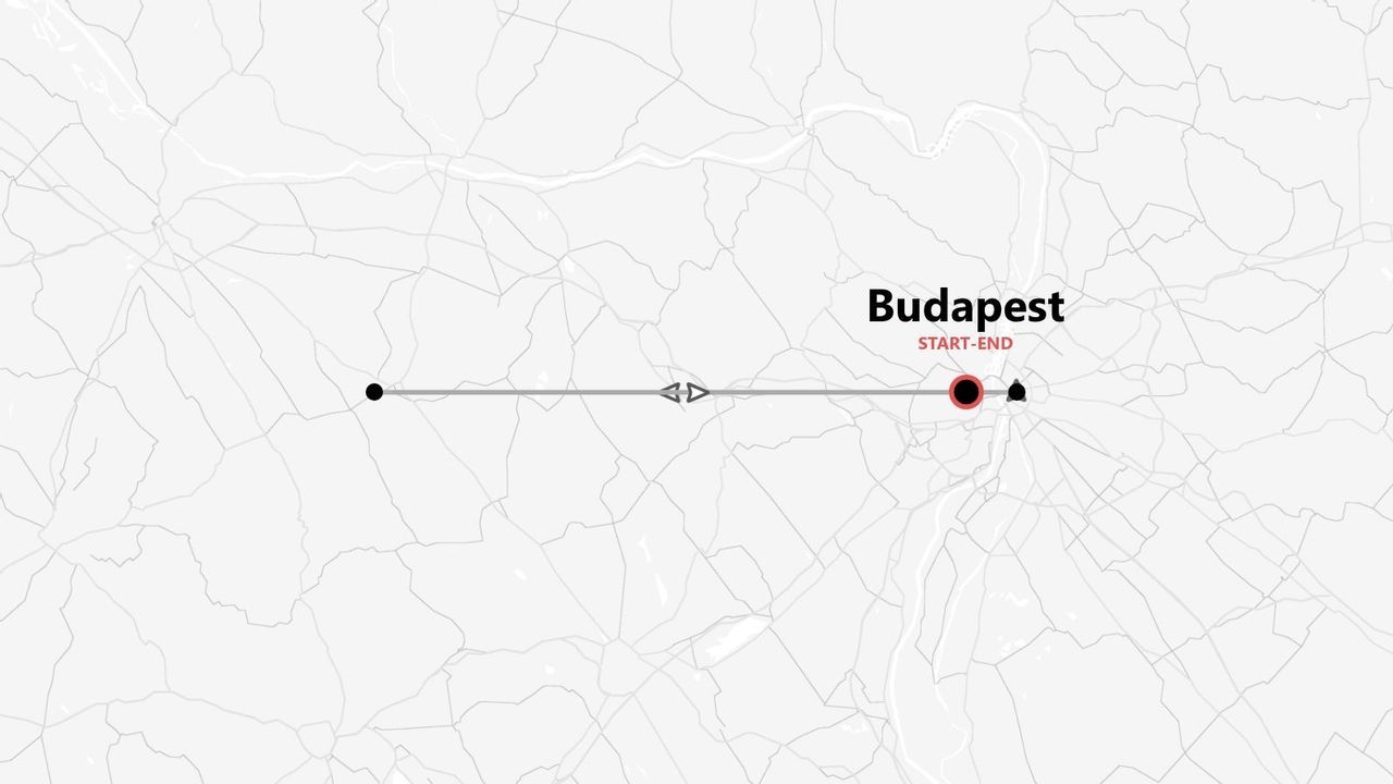 Una mappa stilizzata che mostra un itinerario di viaggio che inizia e finisce a Budapest.
