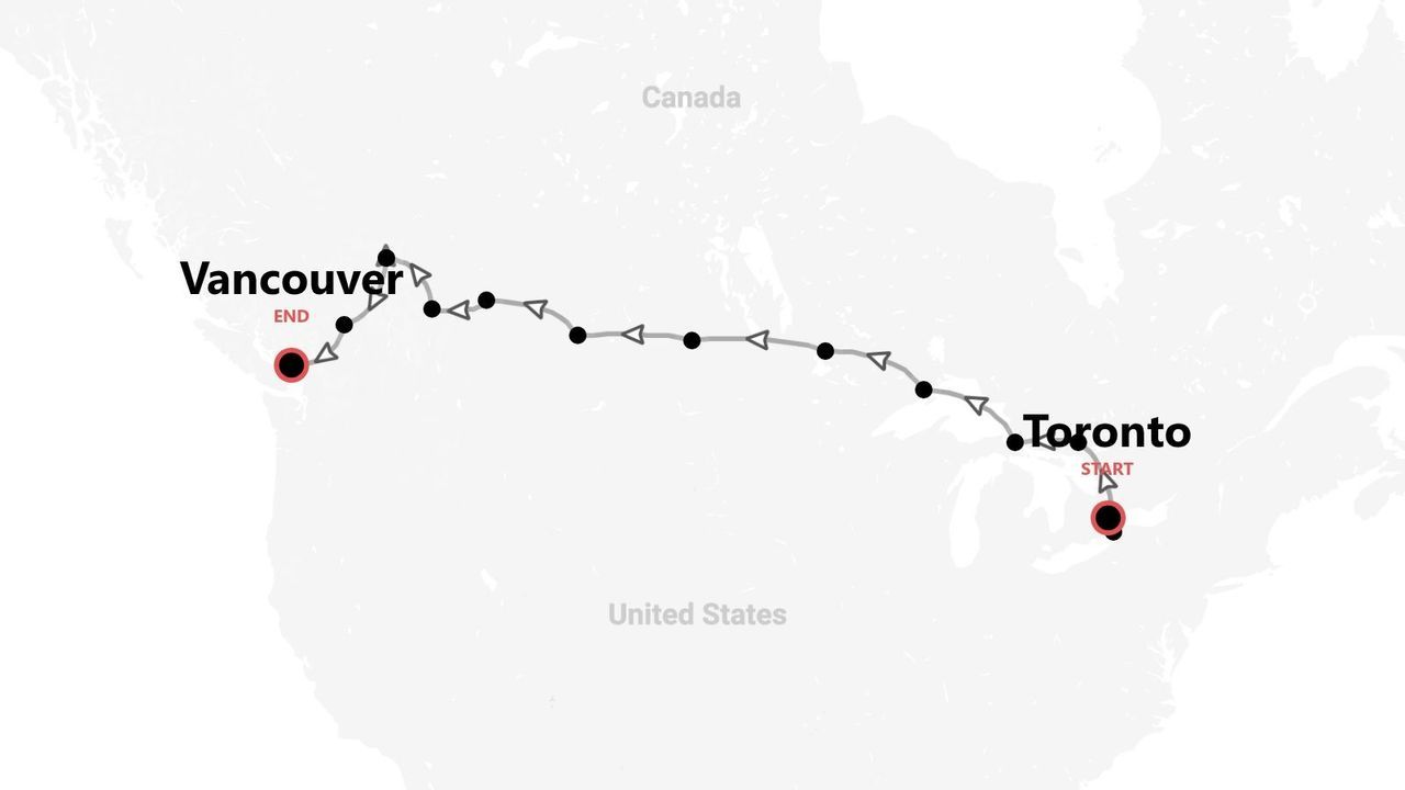 Mappa del Canada con itinerario di viaggio da Toronto a Vancouver.