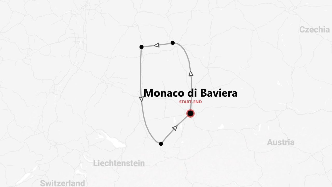 Mappa di un itinerario turistico con partenza e arrivo a Monaco di Baviera, con un percorso circolare segnato attraverso l'Europa Centrale.