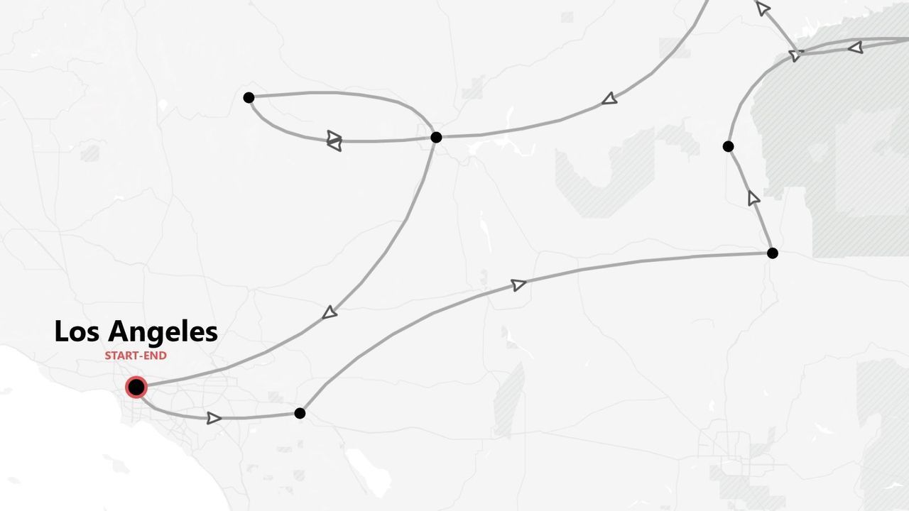 Una mappa in bianco e nero che mostra un itinerario di viaggio con partenza e arrivo a Los Angeles, con il percorso segnato da linee e punti.