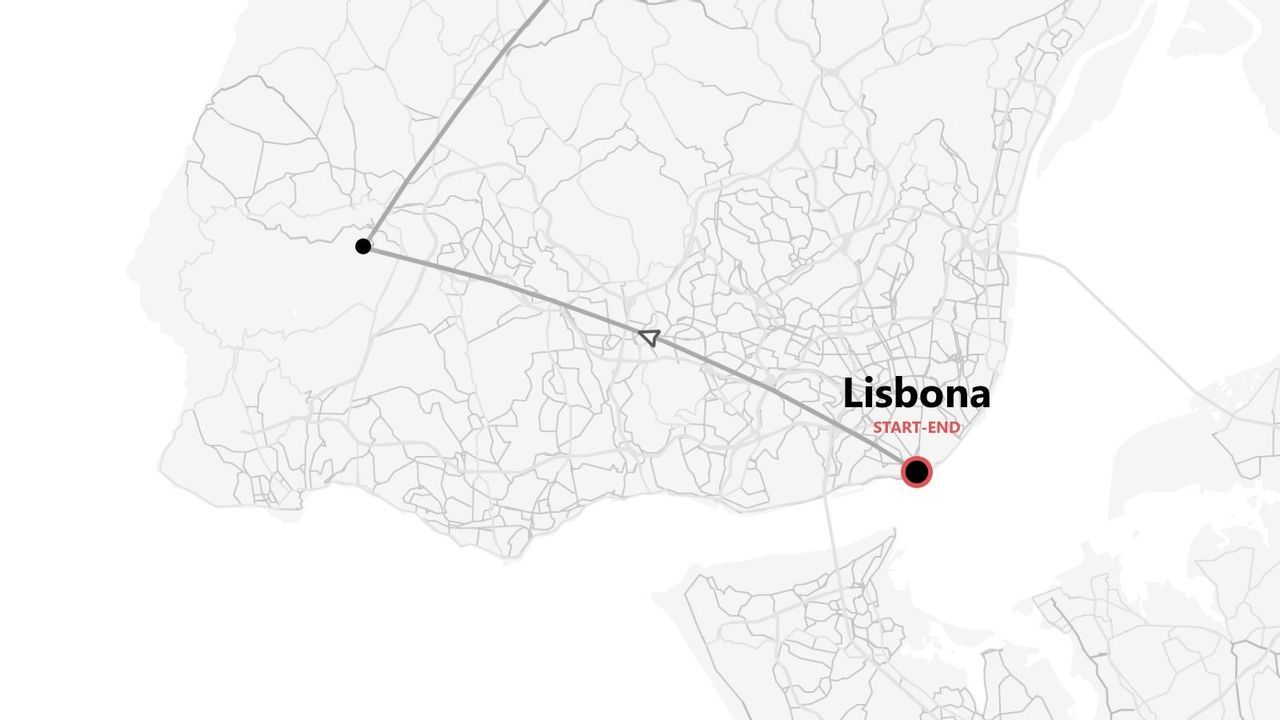 Una mappa stilizzata che mostra un itinerario di viaggio con partenza e arrivo a Lisbona, contrassegnata da un punto rosso.