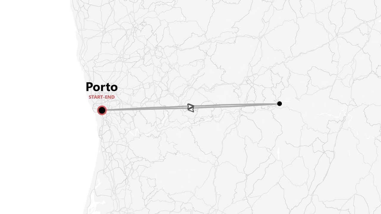Una mappa minimalista che mostra un itinerario di viaggio di andata e ritorno che inizia e finisce a Porto, in Portogallo.