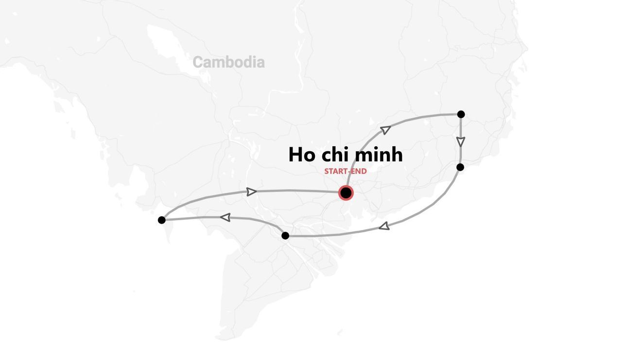 Una mappa che mostra un itinerario di viaggio nel Vietnam del sud che inizia e finisce a Ho Chi Minh, con la Cambogia visibile a nord-ovest.