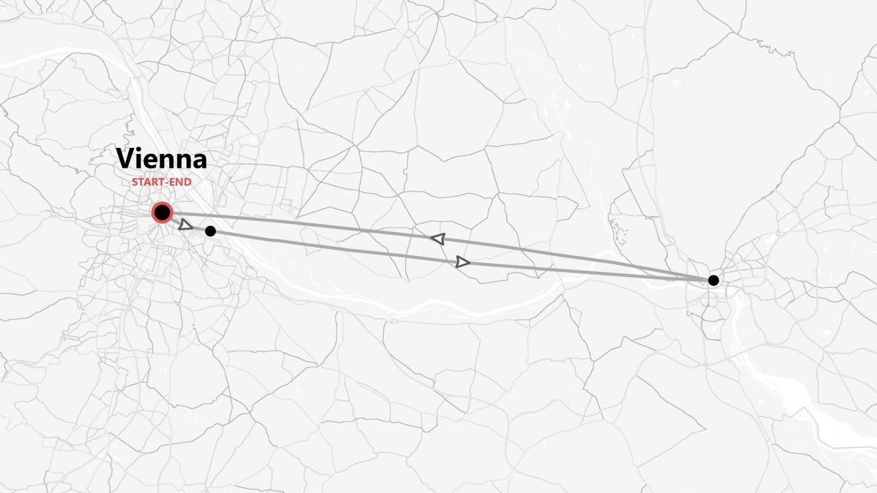 Una mappa stilizzata in bianco e nero che mostra un itinerario di viaggio di andata e ritorno, con inizio e fine a Vienna.